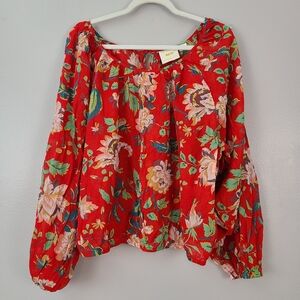 Anthropologie Maeve Red Floral Cotton Blend Beach Vacation Batwing Sleeve Top XL